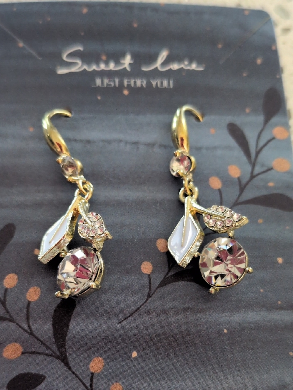 Sweet Love Gold-Tone Earrings with Crystal and White Enamel Accents